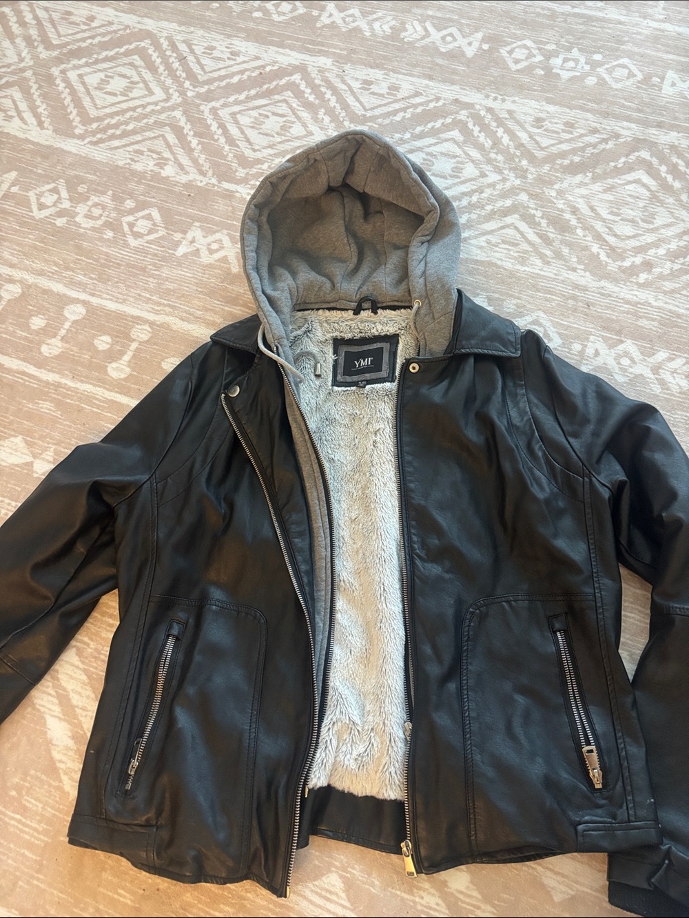 YMI Black Faux Leather Jacket with Gray Hood and Cream Sherpa